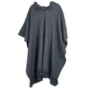 Gamboa Poncho Unisex Hooded  Alpaca Wool Grey Fringed  Made In Peru